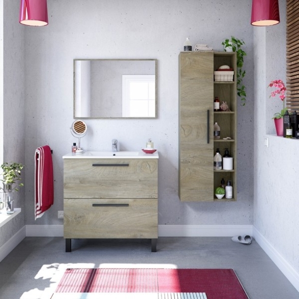 Mobile Bagno Completo Di Lavabo E Specchio Athena 80 Cm Rovere Alaska