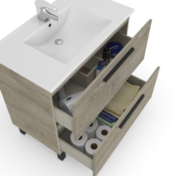 Mobile Bagno Completo Di Lavabo E Specchio Athena 80 Cm Rovere Alaska