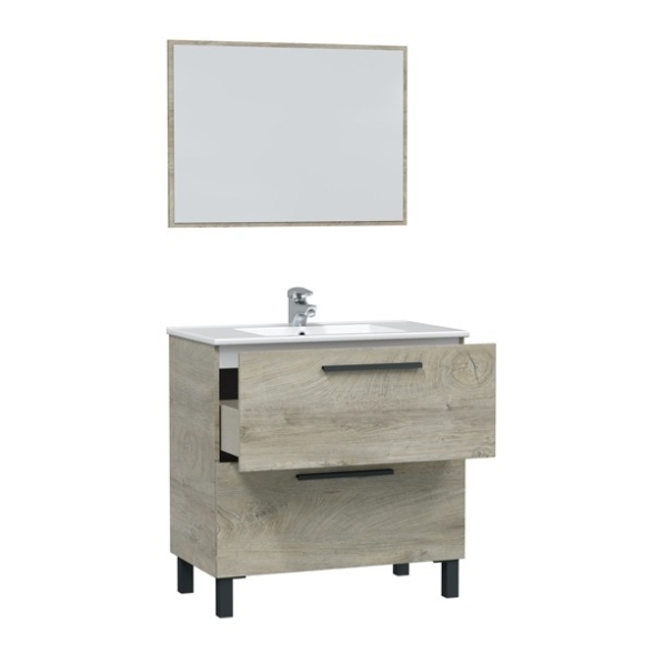 Mobile Bagno Completo Di Lavabo E Specchio Athena 80 Cm Rovere Alaska