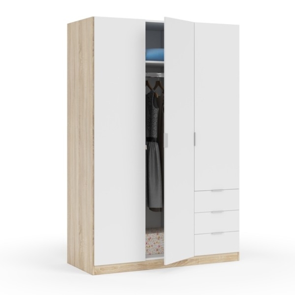Armadio Guardaroba 3 Ante 3 Cassetti Barra Appendiabiti Bianco Rovere