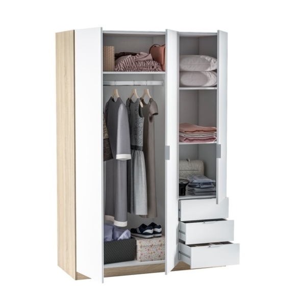 Armadio Guardaroba 3 Ante 3 Cassetti Barra Appendiabiti Bianco Rovere