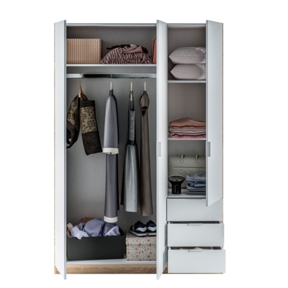 Armadio Guardaroba 3 Ante 3 Cassetti Barra Appendiabiti Bianco Rovere