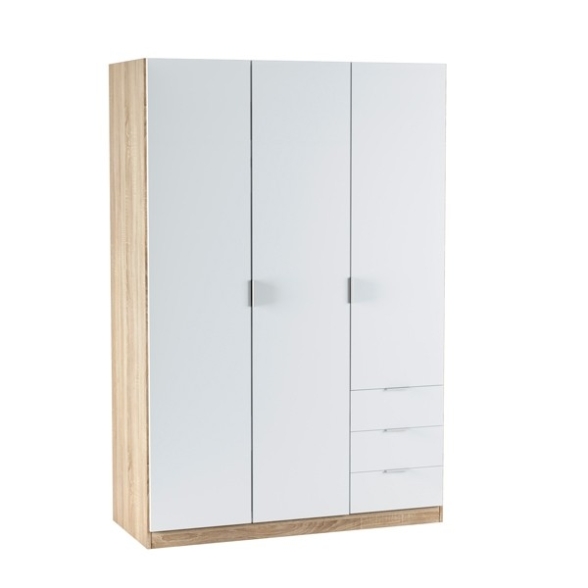 Armadio Guardaroba 3 Ante 3 Cassetti Barra Appendiabiti Bianco Rovere