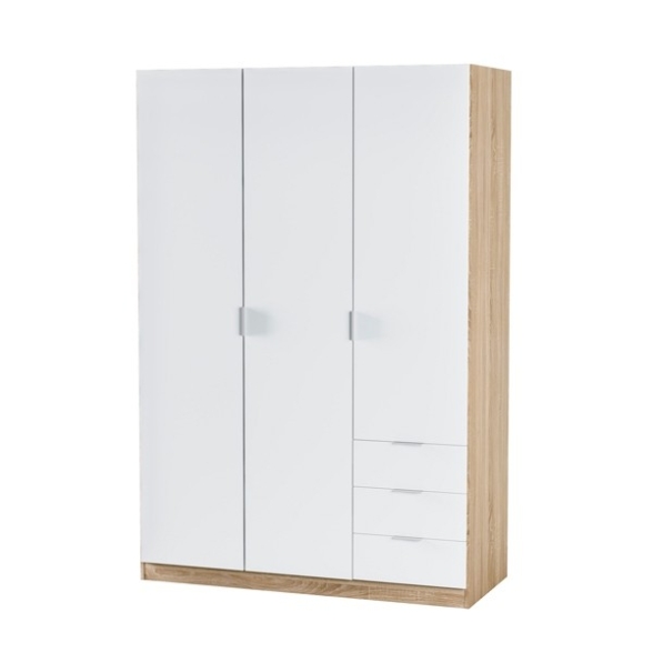 Armadio Guardaroba 3 Ante 3 Cassetti Barra Appendiabiti Bianco Rovere
