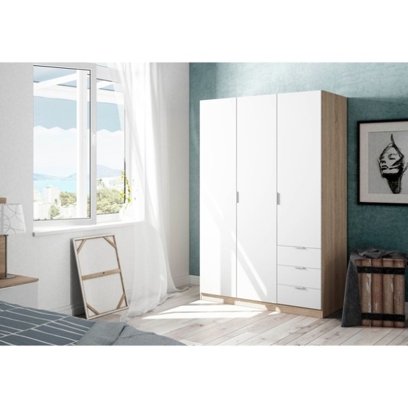 Armadio Guardaroba 3 Ante 3 Cassetti Barra Appendiabiti Bianco Rovere