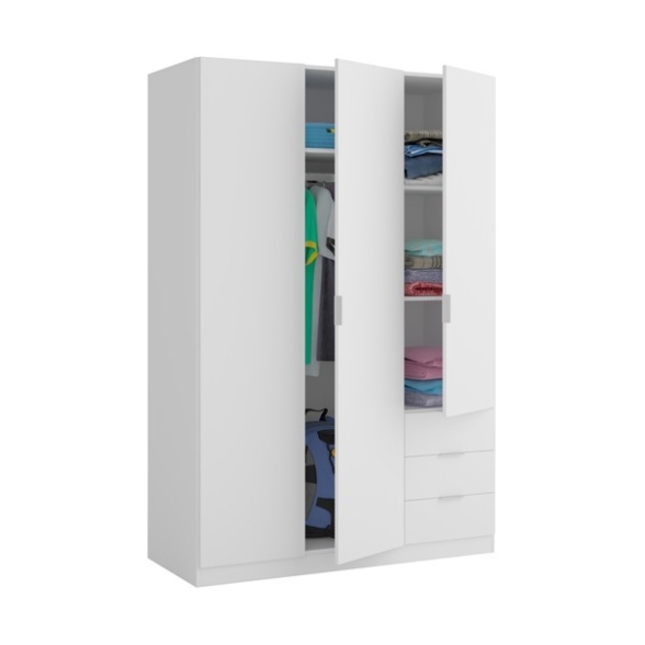 Armadio Guardaroba 3 Ante 3 Cassetti Barra Appendiabiti Bianco