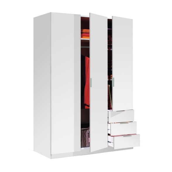 Armadio Guardaroba 3 Ante 3 Cassetti Barra Appendiabiti Bianco