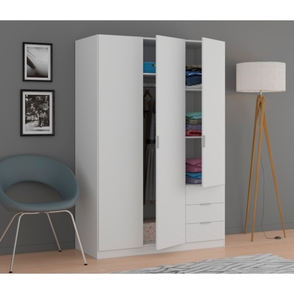 Armadio Guardaroba 3 Ante 3 Cassetti Barra Appendiabiti Bianco