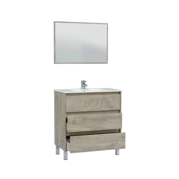Mobile Bagno 3 Cassetti 80 Cm Con Lavabo E Specchio E Colonna Dakota Rovere Alaska