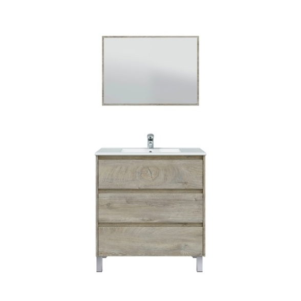 Mobile Bagno 3 Cassetti 80 Cm Con Lavabo E Specchio E Colonna Dakota Rovere Alaska