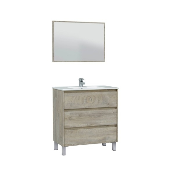 Mobile Bagno 3 Cassetti 80 Cm Con Lavabo E Specchio E Colonna Dakota Rovere Alaska