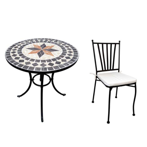 Set bistrot tavolo tondo mosaico e 2 sedie in acciaio senza braccioli
