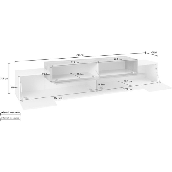 Mobile Porta TV 240 Cm Con 3 Ante Bianco Lucido E Legno Pero Corona