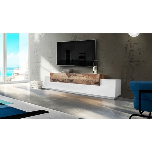 Mobile Porta TV 240 Cm Con 3 Ante Bianco Lucido E Legno Pero Corona