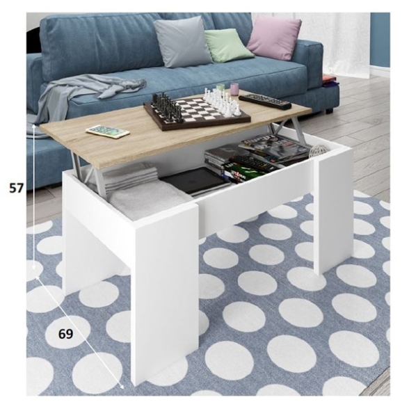 Tavolino Da Salotto Con Piano Elevabile 50x100x45 Cm Rovere E Bianco