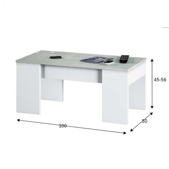 Tavolino Da Salotto Con Piano Elevabile 50x100x45 Cm Cemento E Bianco