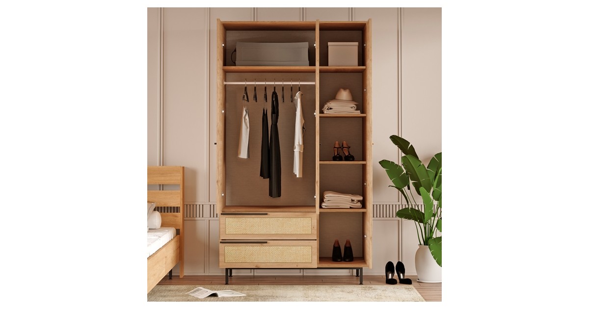 Armadio 2 Ante Con 2 Cassetti – 80x52x180 Cm, Melaminico Bianco E Rovere, Con Asta Appendiabiti