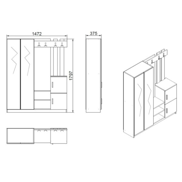 Mobile Ingresso Scarpiera Appendiabiti E Specchio Rovere Bianco