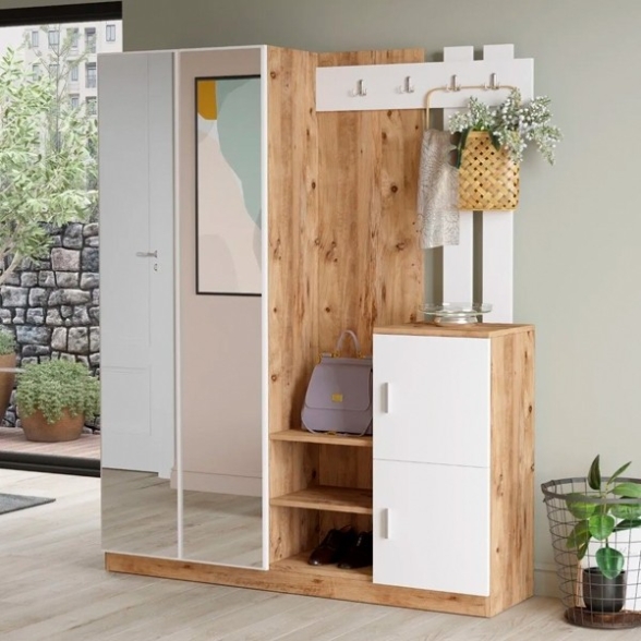 Mobile Ingresso Scarpiera Appendiabiti E Specchio Rovere Bianco