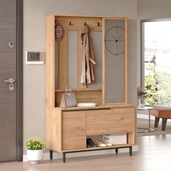 Mobile Ingresso Con Scarpiera Appendiabiti E Specchio 140x37x182 Rovere E  Antracite Wisdom