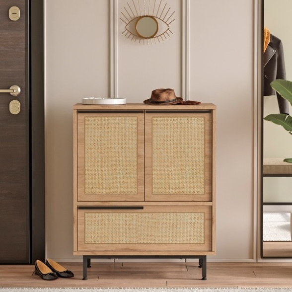 Mobile Basso Multifunzione 75x36x90 Con Piedini Neri Juta Legno