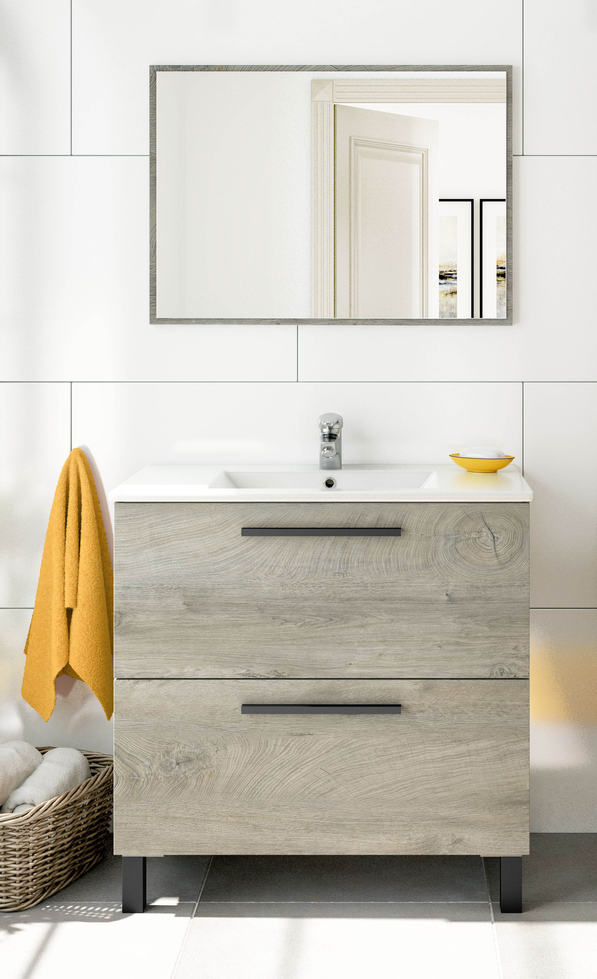 Mobile Bagno Con Lavabo Specchio E Colonna Athena 80 Cm Rovere Alaska