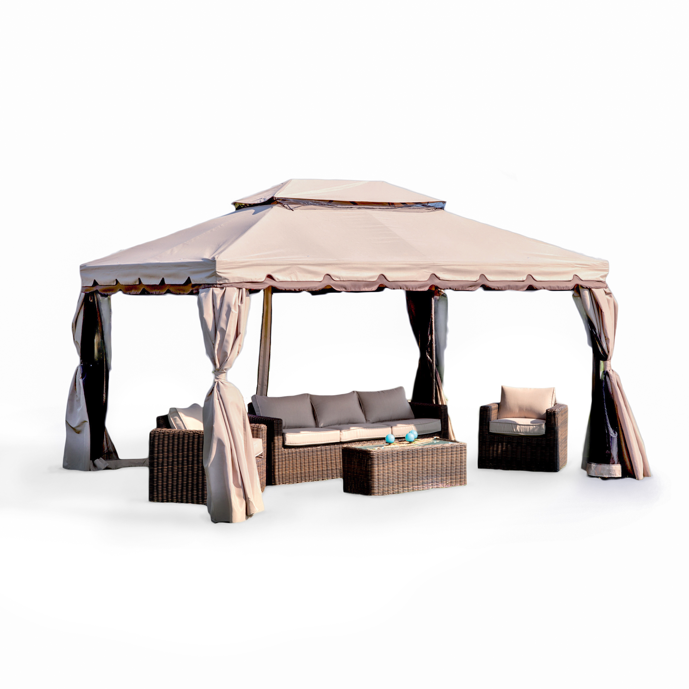 Gazebo con zanzariera 3x3 in alluminio con telo beige e struttura moka